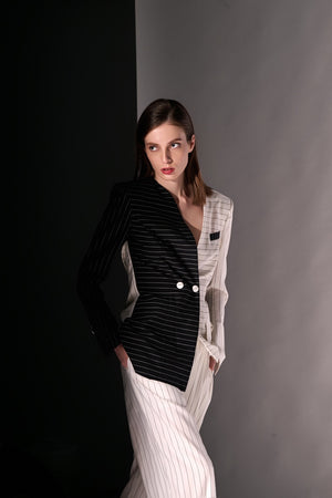 Black & White Pinstripes Wool Blazer with Belt detail and white Pinstripe buttoned wool tapered Trousers