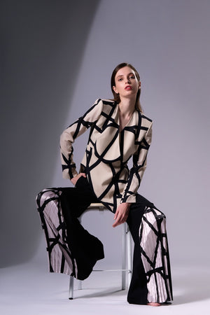 Asymmetric Wool Blazer in Geometric Pattern and Wool Trousers with Front Pleating detail