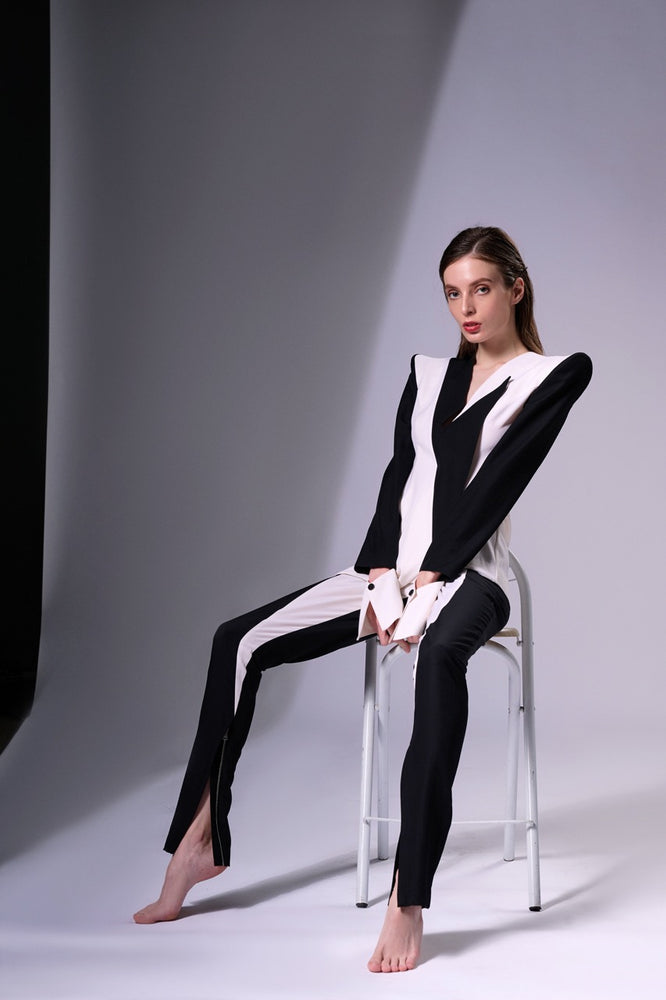 
            
                Load image into Gallery viewer, Asymmetric Wool Blazer in Black and White, Black and White Wool Trousers
            
        