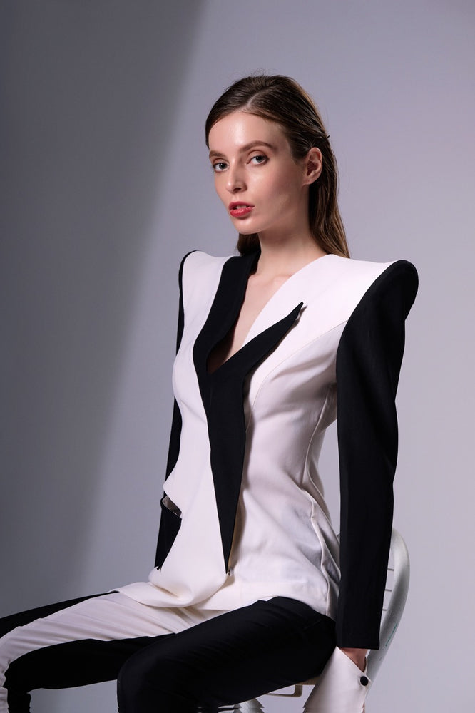 
            
                Load image into Gallery viewer, Asymmetric Wool Blazer in Black and White, Black and White Wool Trousers
            
        