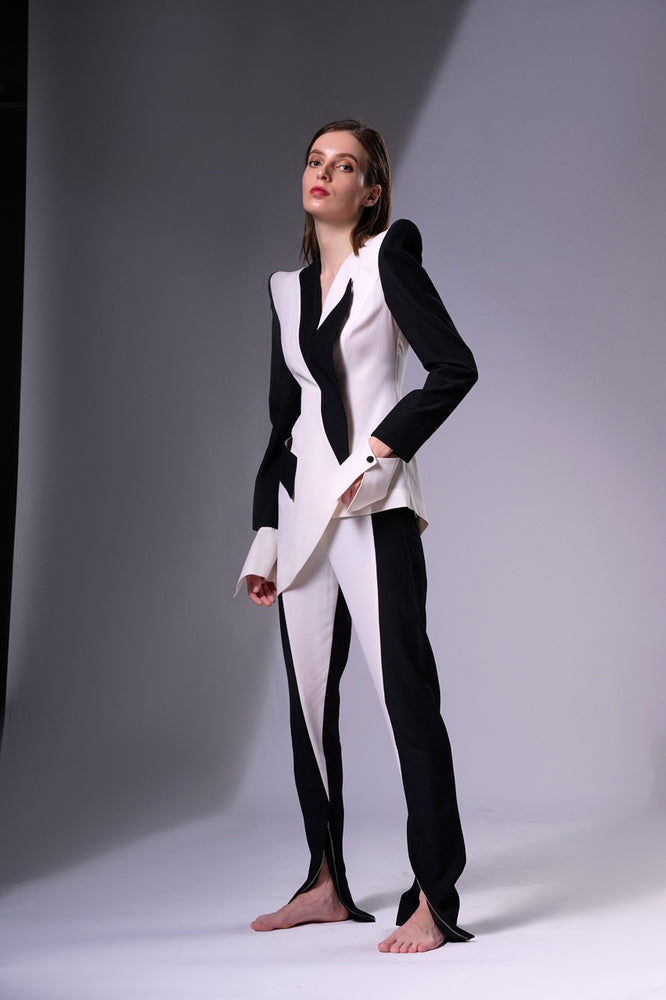 Asymmetric Wool Blazer in Black and White, Black and White Wool Trousers