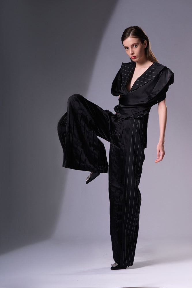 Wide Lapel Wool Blazer, Satin Sleeveless Top and Pleated Wide Leg Wool Trousers
