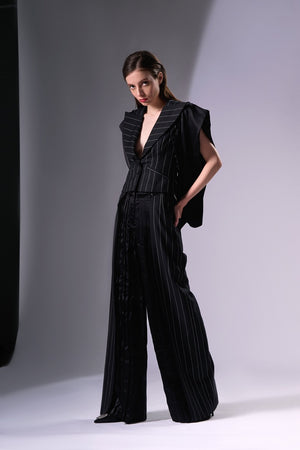 
            
                Load image into Gallery viewer, Wide Lapel Wool Blazer, Satin Sleeveless Top and Pleated Wide Leg Wool Trousers
            
        