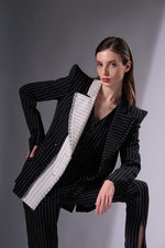 Double Breasted Pinstripe Wool Blazer in Black and White, Pinstripe Wool Single Breasted Waistcoat, Pinstripe Wool Trousers with front zip