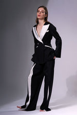 Black Wool Tailored Blazer with White Lapel, Black and White Wool Trousers with Front Pleating detail