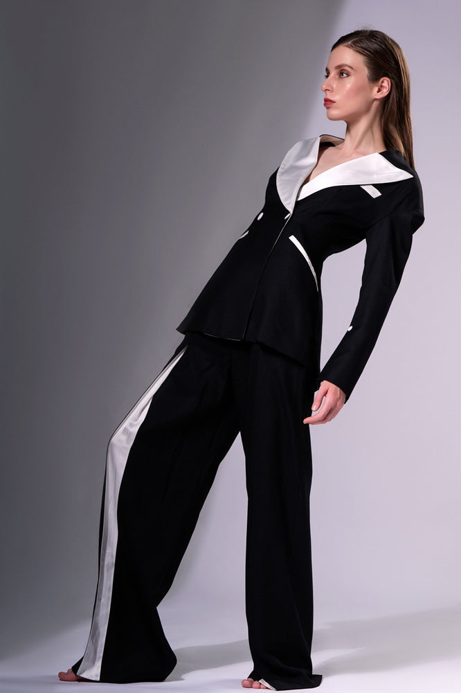 Black Wool Tailored Blazer with White Lapel, Black and White Wool Trousers with Front Pleating detail