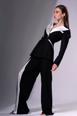 
            
                Load image into Gallery viewer, Black Wool Tailored Blazer with White Lapel, Black and White Wool Trousers with Front Pleating detail
            
        