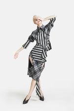 Tartan with Blazer Stripes, Rounded Shoulder with Drape Details and Skirt