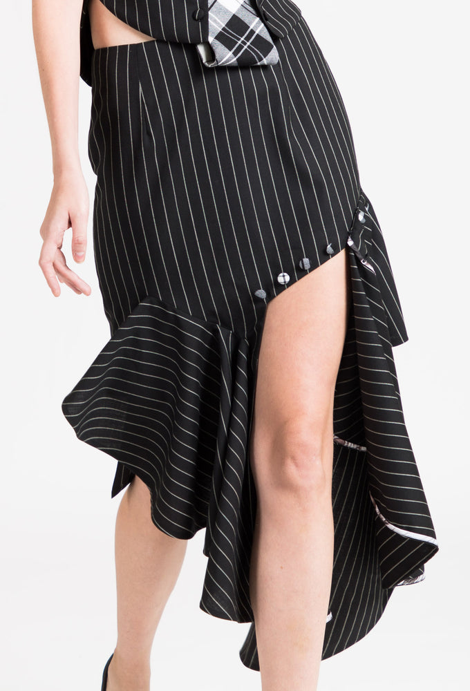 Asymmetric Pin Stripe Ruffle Skirt