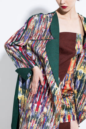 'B' Lapel Symmetric Long Jacket with Multicolour printed pattern