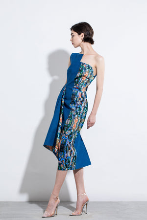 Blue with Multicoloured Print Symmetrical Dress