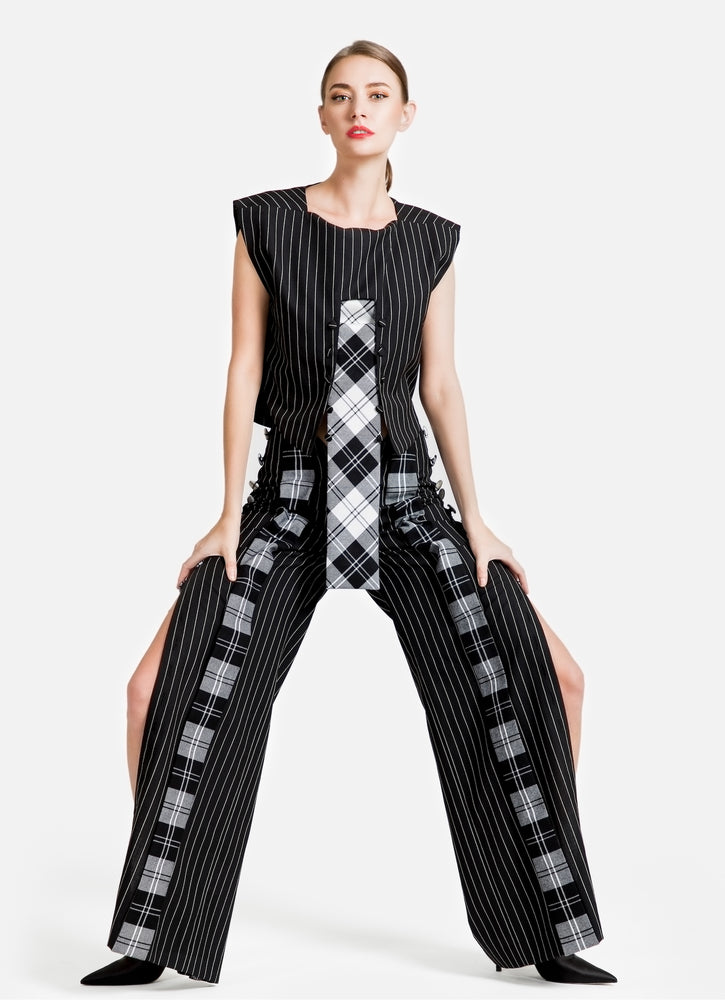 Sleeveless Top in Pin-Stripe spliced with Tartans