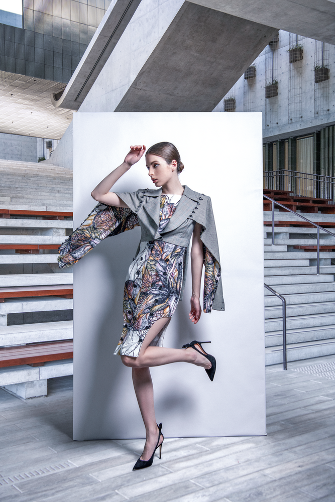 
            
                Load image into Gallery viewer, Wool cape short jacket with. Bettie Hand drawn floral print silk dress
            
        