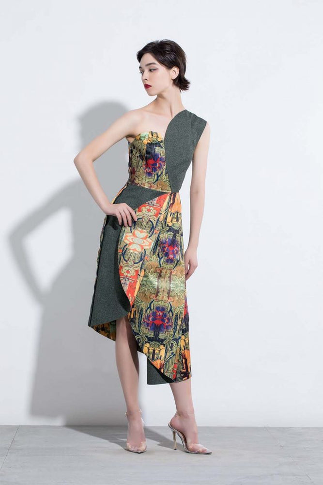 Asymmetric Dress with Multicoloured Pattern