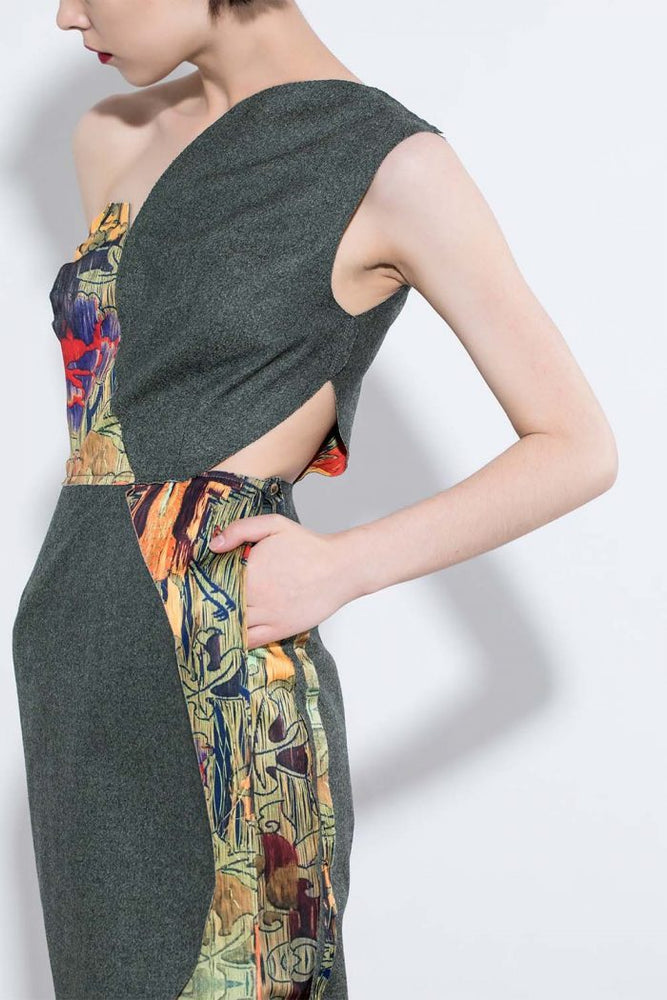 Asymmetric Dress with Multicoloured Pattern