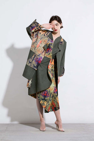 Olive Green Triangle Collar Coat with 'Juan' Pattern