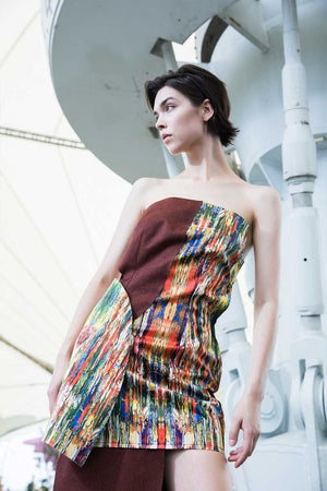 
            
                Load image into Gallery viewer, Off-The-Shoulder Asymmetrical Dress with Multicoloured printed Pattern
            
        