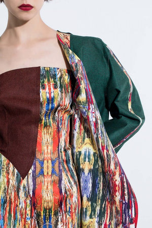 'B' Lapel Symmetric Long Jacket with Multicolour printed pattern